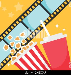 Cinema movie background. Popcorn bucket, cold drink soda with straw, film strip. Movie film premiere template Stock Vector