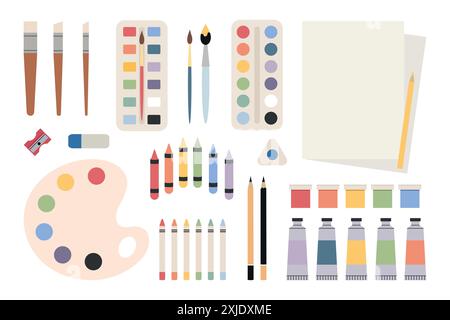 Painting tools, art supplies set. Paints, paint tubes, brushes, watercolor palette, crayons, pencils, erasers, sharpener. Vector illustration Stock Vector
