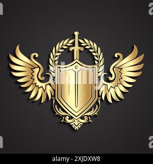 3d heraldry logo winged shield with sword and laurel wreath, gold ornamental sign Stock Vector