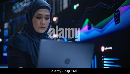 Portrait of Arab Female Working in an Advanced Technology Company. Woman Wearing a Hijab, Using Laptop Computer in a Room with Statistics and Charts Settings on a Digital Screen Stock Photo