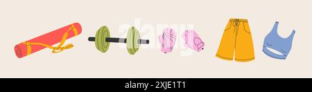 Sport equipment, gym accessory, people athlete set Stock Vector