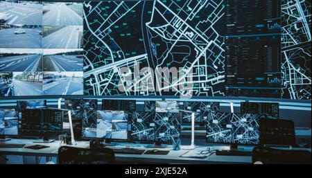 Empty Modern Monitoring Office With Big Digital Screen And Working Places of Employees With Desktop Computers and Displays. Screens Showing a City Map Animation and Surveillance Data Stock Photo