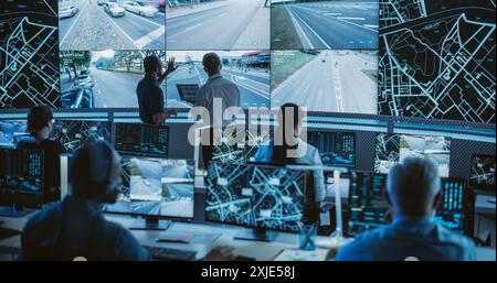 High-Tech International Logistics Office with Multiethnic Specialists Using Satellite Technology to Track a Fleet of Delivery Vehicles on a City Map. Large Display Shows Real-Time CCTV Feed and Report Stock Photo