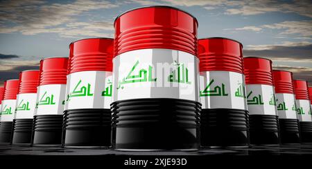 Oil barrels with flag of Iraq - 3D illustration Stock Photo