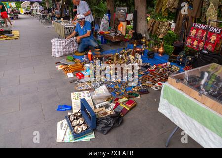 Tbilisi, Georgia - 20 JUNE, 2024: Second hand, vintage, collectable items sold at stalls on the Dry Bridge Market in Tbilisi, Georgia. Stock Photo