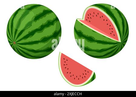 Isometric whole and half watermelon isolated on a white background. Summer sweet dessert Stock Vector