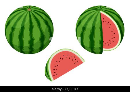 Isometric whole and half watermelon isolated on a white background. Summer sweet dessert Stock Vector