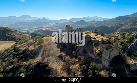 aerial view of the ruins of the castle of Turon in the municipality of Malaga, Andalusia. Stock Photo