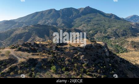 aerial view of the ruins of the castle of Turon in the municipality of Malaga, Andalusia. Stock Photo