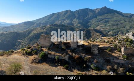 aerial view of the ruins of the castle of Turon in the municipality of Malaga, Andalusia. Stock Photo