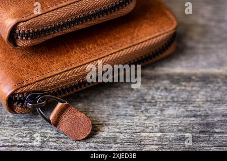 colorful genuine leather men or women zipper wallet, leather industry concept Stock Photo