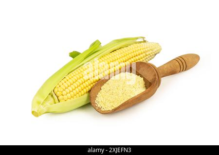 Corn flour in wooden spoon with fresh corn cobs isolated on white background Stock Photo
