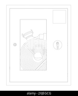 Fire hose or firehose vector icon. Include nozzle, hose reel. Extinguisher or safety equipment tool in steel box wall for firefighter to extinguish, f Stock Vector