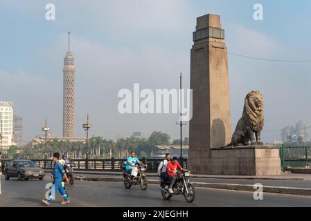 Cairo, Egypt. July 1st 2024 A view of Qasr El Nil Bridge and Cairo Tower with early morning traffic crossing the River Nile in Downtown Cairo, Egypt. Stock Photo