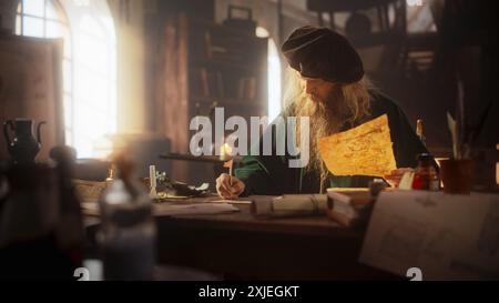 Portrait of an Old Renaissance Male Inventor Writing and Thinking about New Ideas. Dedicated Historian Taking Notes, Writing a Book about the Important and Innovative Eras in the History of Humanity Stock Photo