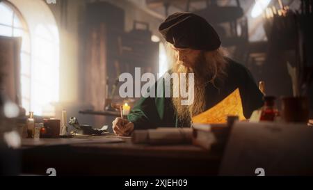 Portrait of an Old Renaissance Male Inventor Writing and Thinking about New Ideas. Dedicated Historian Taking Notes, Writing a Book about the Important and Innovative Eras in the History of Humanity Stock Photo