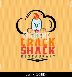 The CRACK SHACK Restaurant Emblem Logo.Chicken with Leg Pieces in the Chef Hat with Fire and Heart. Stock Vector