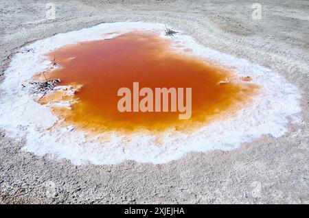 Subsidence funnels on salt marsh are filled with lakes of diverse colors. Red color caused by bacterias Dunaliella salina, Salinibacter ruber, white c Stock Photo