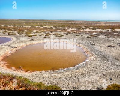 Subsidence funnels on salt marsh are filled with lakes of diverse colors. Red color caused by bacterias Dunaliella salina, Salinibacter ruber, white c Stock Photo