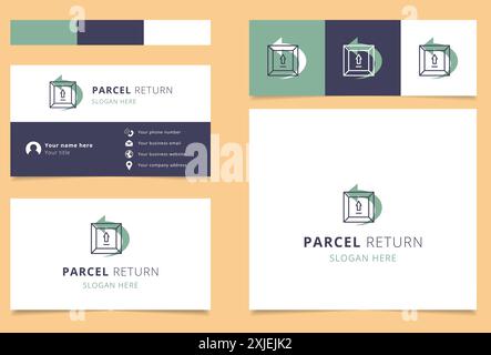Parcel return service logo and business card design featuring a package being returned Stock Vector