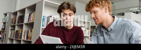 Two male students engrossed in studying together on a computer screen. Stock Photo