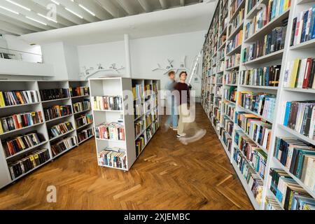 Two studious young men engrossed in books inside a quiet library. Stock Photo