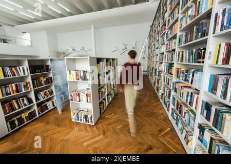 Two male students strolling through a vast library brimming with books. Stock Photo