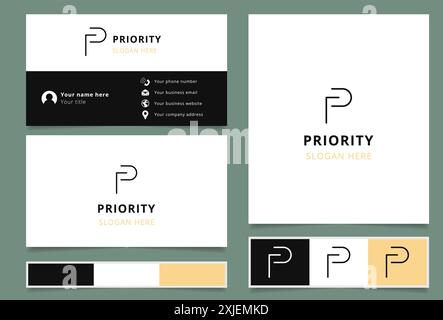 Business card template featuring a letter p logotype and using black white and gold colors Stock Vector