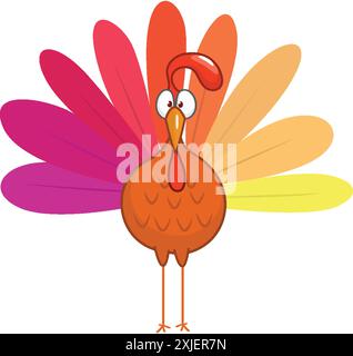 Cartoon happy cute thanksgiving turkey bird with colorful feathers. Design for Thanksgiving Day. Vector illustration isolated. Stock Vector