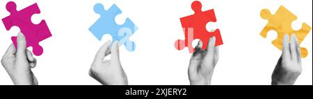 Halftone hands making puzzle together collage vector illustration Stock Vector