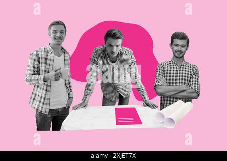 Creative poster collage of young guys working together startup project