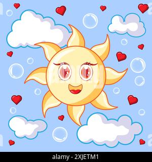 Hand drawn Funny happy smiley sun character. Flora and fauna, nature. Cartoon flat vector illustration. Children's illustration. Stock Photo