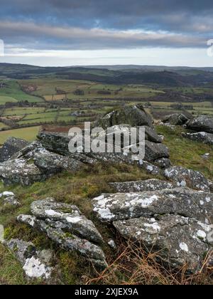 A view into Shropshire from the top of Corndon Hill which lies on the border of England and Wales near Church Stoke, Powys, UK Stock Photo