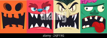 Halloween funny faces set of four characters. Cartoon heads of grim reaper, pumpkin Jack o lntern zombie, vampire and mummy. Vector illustration isola Stock Vector