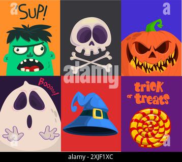 Halloween funny faces set of four characters. Cartoon heads of grim reaper, pumpkin Jack o lntern zombie, ghost candy and witch hat. Vector illustrati Stock Vector