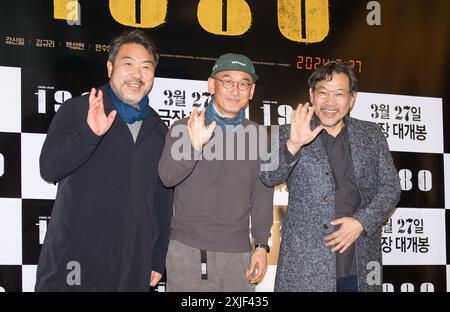 Lee Won-Jong, Lee Joon-Ik and Jung Jin-Young, March 20, 2024 : (L-R) Actor Lee Won-Jong, movie director Lee Joon-Ik and actor Jung Jin-Young pose for photographers before a VIP preview of Korean film, '1980: The Unforgettable Day' in Seoul, South Korea. (Photo by Lee Jae-Won/AFLO) Stock Photo