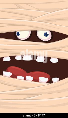 Scary cartoon monster mummy face vector. Cute square avatar or icon. Halloween illustration. Great for party decoration, package design Stock Vector