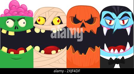 Halloween funny faces set of four characters. Cartoon heads of grim reaper, pumpkin Jack o lntern zombie, vampire and mummy. Vector illustration isola Stock Vector