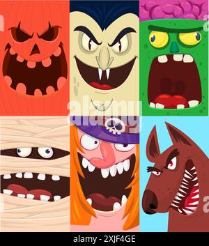 Halloween funny faces set of four characters. Cartoon heads of grim reaper, pumpkin Jack o lntern zombie, vampire mummy and witch. Vector illustration Stock Vector