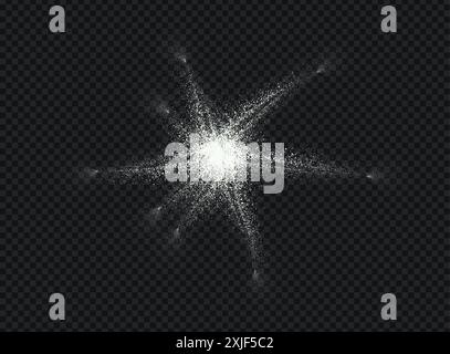 Salt or sugar crystal powder, flying dust particles. White dust grain texture isolated on dark background. Crushed granules of sand or flour in star Stock Vector