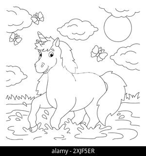 A cheerful unicorn jumps on the grass. Coloring book page for kids ...
