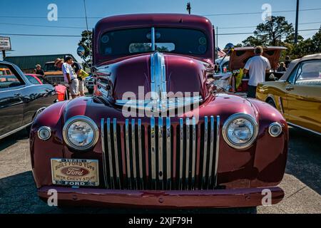 Gulfport, MS - October 01, 2023: High perspective front view of a 1946 Ford Jailbar Pickup Truck at a local car show. Stock Photo
