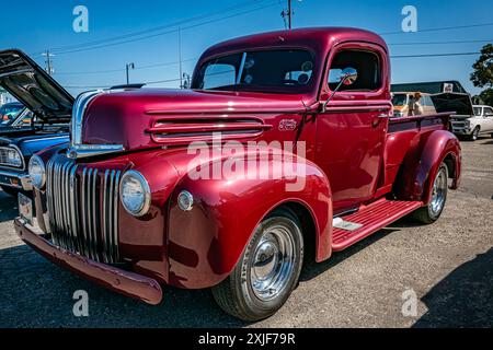 Gulfport, MS - October 01, 2023: High perspective front corner view of a 1946 Ford Jailbar Pickup Truck at a local car show. Stock Photo