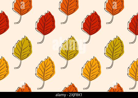 Seamless pattern with autumn birch leaves in line art style. Perfect for wallpaper, gift paper, web page background, autumn greeting cards. Vector Stock Vector
