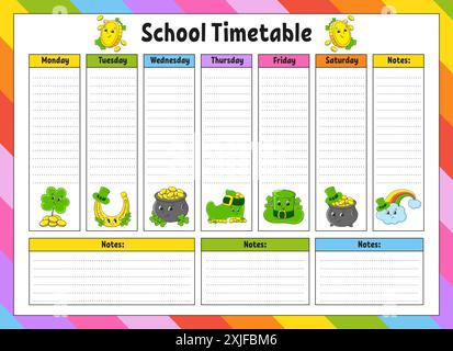 School schedule. Timetable for schoolboys. Empty template. Weekly planer with notes. cartoon character. Vector illustration. Stock Vector