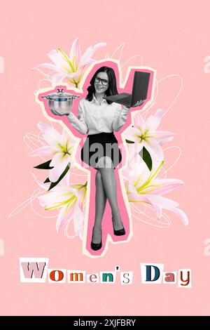 Vertical photo collage of happy businesswoman sit lily flower bouquet choose woman day present pot laptop isolated on painted background Stock Photo