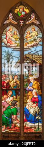 PERUGIA, ITALY - MAY 16, 2024: The stained glass of Adoration of Shepherds in the church Cattedrale di San Lorenzo (St. Lawrece cathedral) Stock Photo