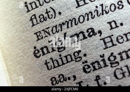 Word enigma on dictionary page, macro close-up Stock Photo