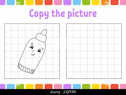 Copy the picture. Coloring book pages for kids. Education developing worksheet. Game for children. Handwriting practice. Funny character. Cute cartoon Stock Vector