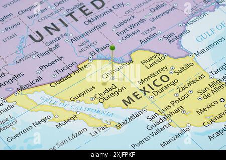 Macro photography of Chihuahua city into political mexican map with important cities Stock Photo